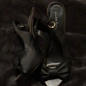 Black open toe women’s heels.